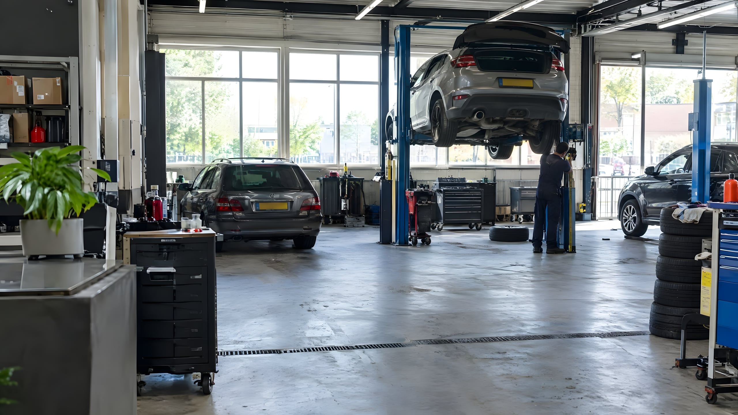 Werkplaats met een auto op de brug, gereedschapswagens en open roldeuren